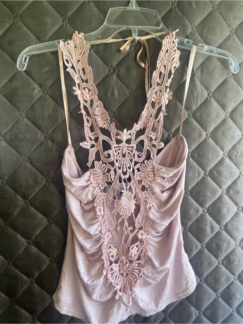 Vintage Y2K Lipsy Pink Halter Top Crochet Lace Front Ruched Cami Fairycore M/L